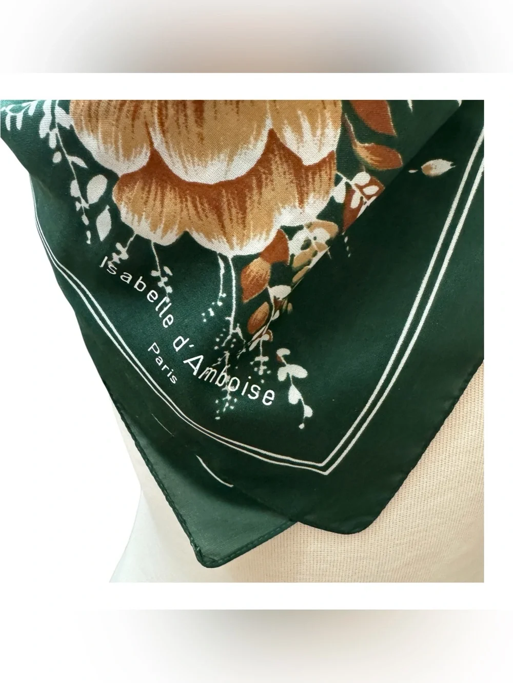 Vintage Isabelle d’Amboise Paris Green Floral Square Scarf 27” French Designer